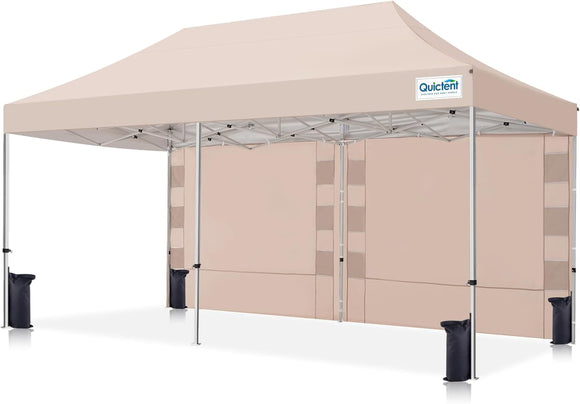 Quictent 10'x20' Portable Pop up Canopy Tent, Easy up Commercial Gazebo Canopies for Sun & Rain Protection, Includes Sand Bags for Outdoor Events, Parties, Markets, Vendors (Beige, 1 Sidewall)