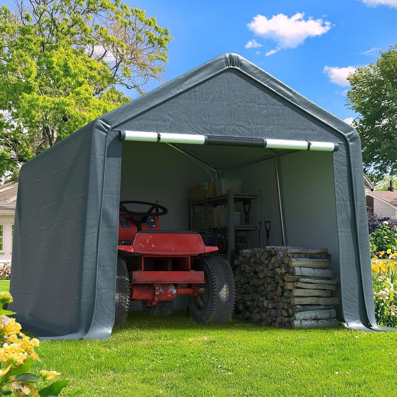 Quictent 10x10FT Peak Carport Shelter, Heavy Duty Backyard Storage Shed with Roll-Up Mesh Windows, Sliver Gray PE Canopy for Patio Furniture, Motorcycles, Gardens
