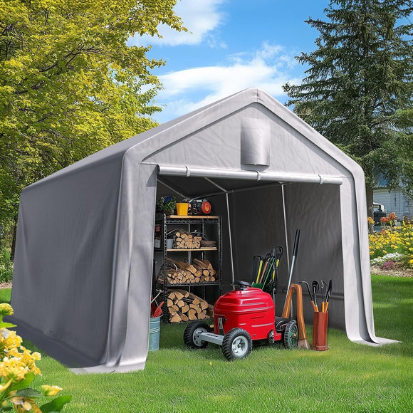 Quictent 10x15FT Carport Shelter with Roll-Up Mesh Windows & Reinforced Frame, Portable Garage Canopy for Motorcycle Storage, Silver Gray