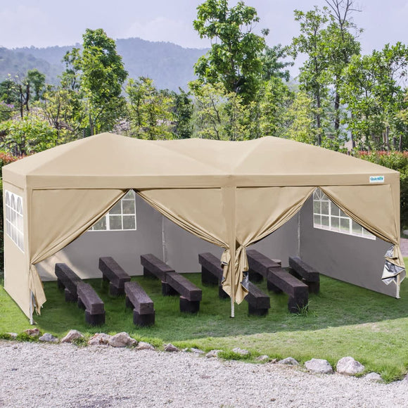 Quictent 10x20 Pop up Canopy with Sidewalls, Ez up Canopy Tent for Parties Outdoor Events, 6 Sand Bags Included（Beige）