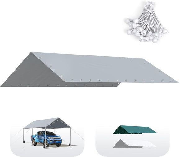 Quictent 10x20 ft Carport Replacement Tarp Canopy Top Cover with Bungees Balls, for Garage Party Tent Shelter - Gray, One Roof Only