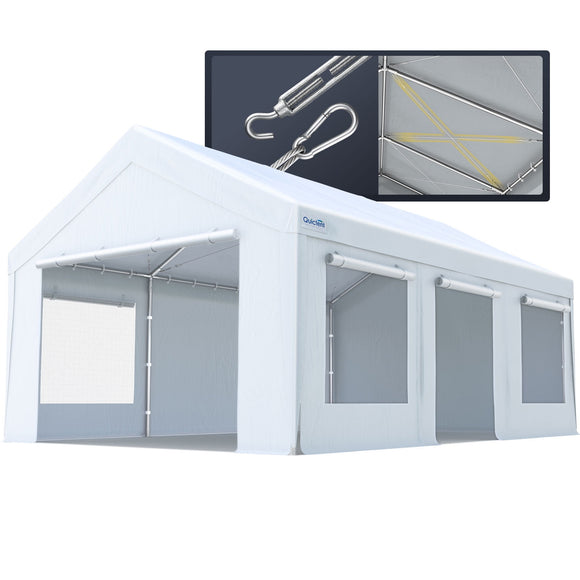 Quictent 10x20 ft Heavy Duty Carports with Side Zipper Doors & Snowproof Steel Cables & Ventilated Windows, Waterproof Storage Shelter for Outdoor Equipment, White