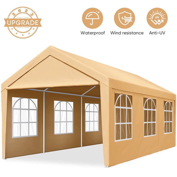 Quictent 10x20ft Heavy Duty Carport Outdoor Car Shelter Canopy Garage - Beige (with Windows)