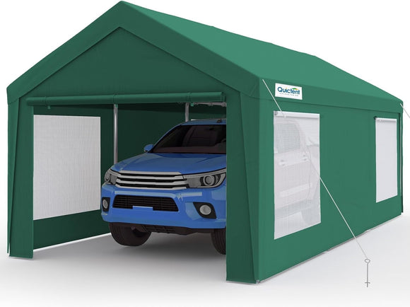 Quictent 12x20 ft Heavy Duty Carport Canopy Galvanized Car Tent Outdoor Shelter with Reinforced Structure with Roll-up Ventilated Windows Sidewall, Green