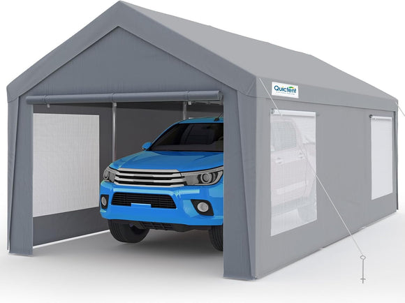 Quictent 12x20 ft Heavy Duty Carport Canopy Galvanized Car Tent Outdoor Shelter with Reinforced Structure with Roll-up Ventilated Windows Sidewall, Sliver Gray