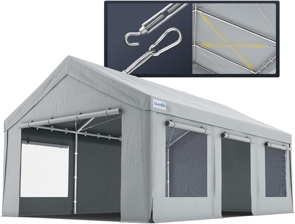 Quictent 12x20 ft Heavy Duty Carports with Side Zipper Doors & Snowproof Steel Cables & Ventilated Windows, Waterproof Storage Shelter for Outdoor Equipment, Gray