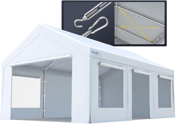Quictent 12x20 ft Heavy Duty Carports with Side Zipper Doors & Snowproof Steel Cables & Ventilated Windows, Waterproof Storage Shelter for Outdoor Equipment, White