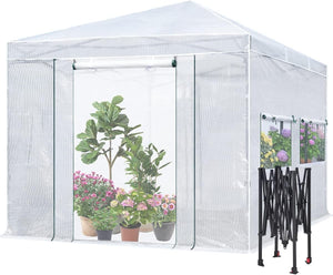 Quictent 12x8 FT Portable Walk-in Greenhouse - Instant Setup, Ideal for Outdoor Gardening, Pop-up Garden Canopy Design, 2 Front Screen Doors, 4 Large Screen Windows, White