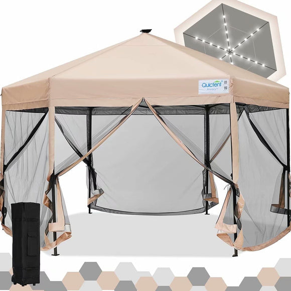 Quictent 13’ X 13’ Hexagonal Gazebo Pop up Canopy Tent with Mosquito Net ,Easy up Screened Canopy Gazebo, Beige