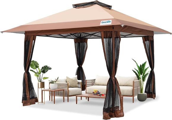 Quictent 13'x13’ Pop up Gazebo with Mosquito Netting, One Person Set up Outdoor Canopy Tent, Ez up Screened House Tent Shelter Vented for Patio, Backyard or Outdoor (Gray)