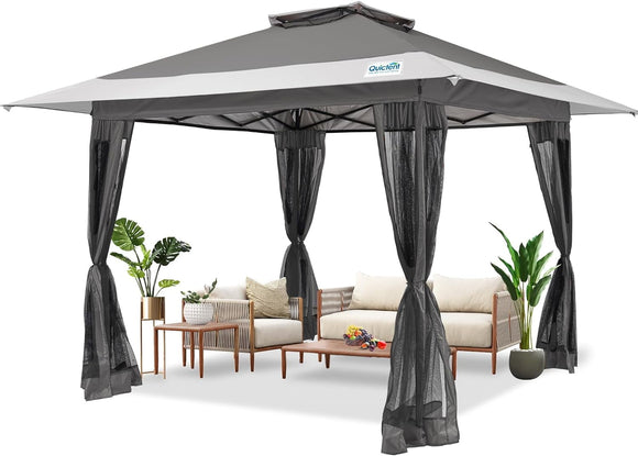 Quictent 13'x13’ Pop up Gazebo with Mosquito Netting, One Person Set up Outdoor Canopy Tent, Ez up Screened House Tent Shelter Vented for Patio, Backyard or Outdoor, Khaki Brown