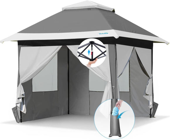 Quictent 13'x13' Pop up Gazebo Canopy Tent with Sidewalls, One Person Setup Easy Outdoor Party Tent Enclosed Waterproof, 169 sqft Shade, Gray