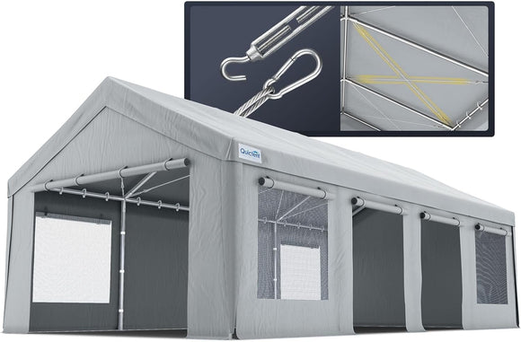 Quictent 13x25 ft Heavy Duty Carports with Side Zipper Doors & Snowproof Steel Cables & Ventilated Windows, Waterproof Storage Shelter for Outdoor Equipment, Gray