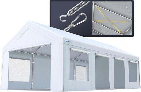 Quictent 13x25 ft Heavy Duty Carports with Side Zipper Doors & Snowproof Steel Cables & Ventilated Windows, Waterproof Storage Shelter for Outdoor Equipment, White