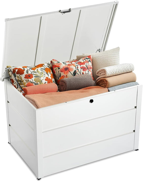 Quictent 150 Gallon Metal Outdoor Deck Box with Hydraulic Lid, Easy Assemble Waterproof Weather-Resistant Storage Bin, 660LBS Capacity for Patio/Garden/Poolside, White