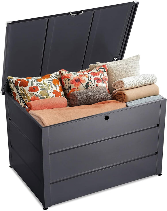 Quictent 150 Gallon Metal Outdoor Deck Box with Hydraulic Lid, Easy Assemble Waterproof Weather-Resistant Storage Bin, 660LBS Capacity for Patio/Garden/Poolside, Grey