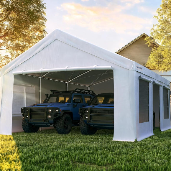 Quictent 20x20 ft Heavy Duty 2 Car Carports with Side Zipper Doors & Snowproof Steel Cables & Ventilated Windows, Waterproof Storage Shelter for Car, Boat, Outdoor Equipment, White