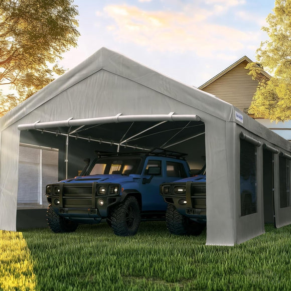 Quictent 20x20 ft Heavy Duty 2 Car Carports with Side Zipper Doors & Snowproof Steel Cables & Ventilated Windows, Waterproof Storage Shelter for Car, Boat, Outdoor Equipment, Gray