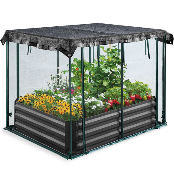 Quictent 4x3x1 ft Raised Garden Bed Galvanized Steel Metal with Crop Cage Plant Protection Net Tent Shade Cloth Kit Metal Planter Box Dark Gray