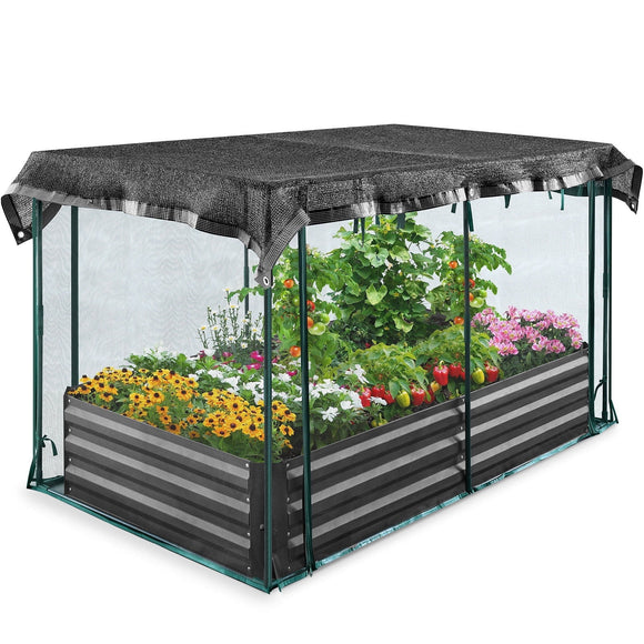 Quictent 6x3x1 ft Raised Garden Bed Galvanized Steel Metal with Crop Cage Plant Protection Net Tent Shade Cloth Kit Metal Planter Box Dark Gray