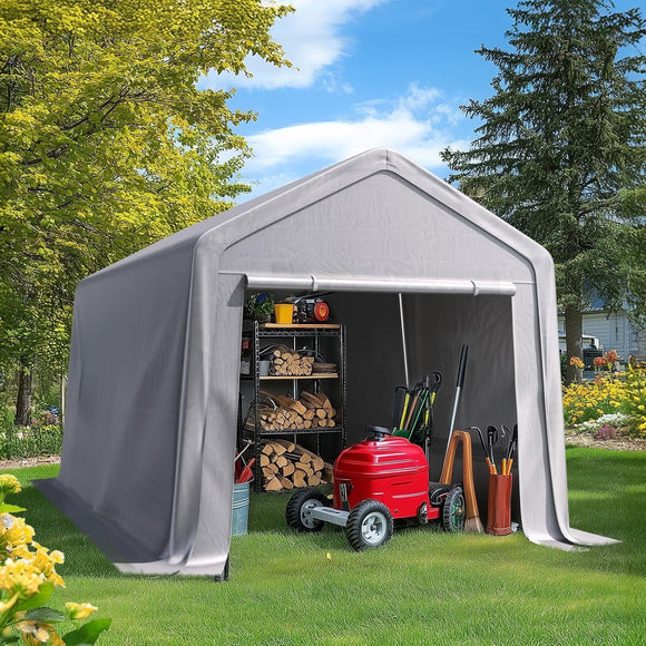 Quictent 8x12FT Carport Shelter with Roll-Up Mesh Windows & Reinforced Frame, Portable Garage Canopy for Motorcycle Storage, Silver Gray