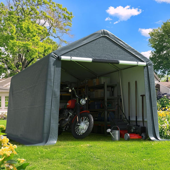 Quictent 8x14FT Carport Shelter with Roll-Up Mesh Windows & Reinforced Frame, Portable Garage Canopy for Motorcycle Storage, Outdoor Equipment, Patio Furniture Cover - Dark Gray