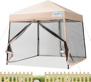 Quictent 9'x9' Ez Pop up Canopy Tent with Mosquito Netting, Instant Screened House Tent Outdoor Gazebo Easy Set up, Slant Leg (9'x9',Tan)