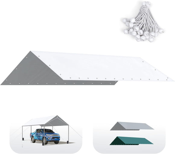 Quictent Carport Replacement Tarp Canopy Top Cover with Bungees Balls, for 10x20 ft Garage Party Tent Shelter - White, One Roof Only