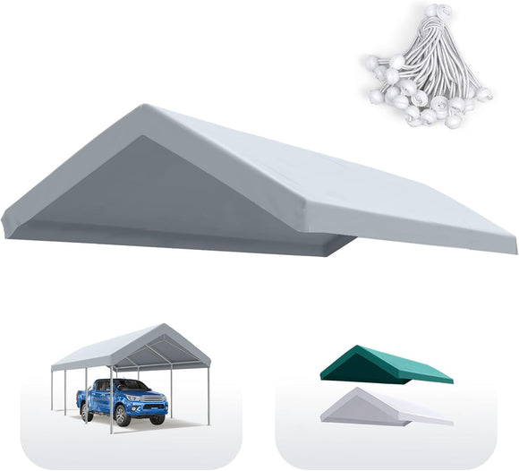 Quictent Carport Replacement Tarp Canopy Top Cover with Edge with Bungees Balls, for 10x20 ft Garage Party Tent Shelter - Gray, One Roof Only