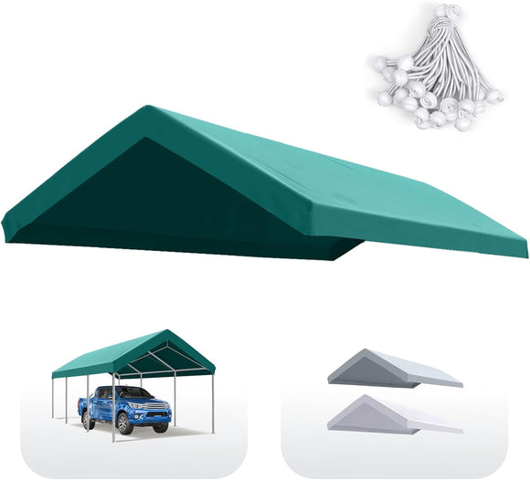 Quictent Carport Replacement Tarp Canopy Top Cover with Edge with Bungees Balls, for 10x20 ft Garage Party Tent Shelter - Green, One Roof Only