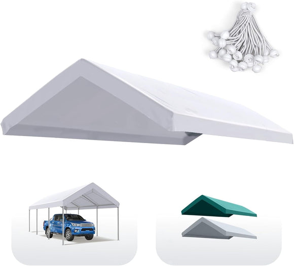 Quictent Carport Replacement Tarp Canopy Top Cover with Edge with Bungees Balls, for 10x20 ft Garage Party Tent Shelter - White, One Roof Only