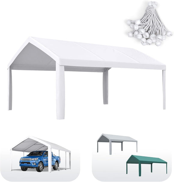 Quictent Carport Replacement Tarp Canopy Top Cover with Leg Cloth with Bungees Balls, for 10x20 ft Garage Party Tent Shelter - White, One Roof Only