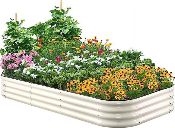 Quictent Galvanized Raised Garden Bed Kit, 8x4x1ft Oval Large Metal Planting Box, Double Strengthened by Vertical Bar and Crossbar with Liner, Beige