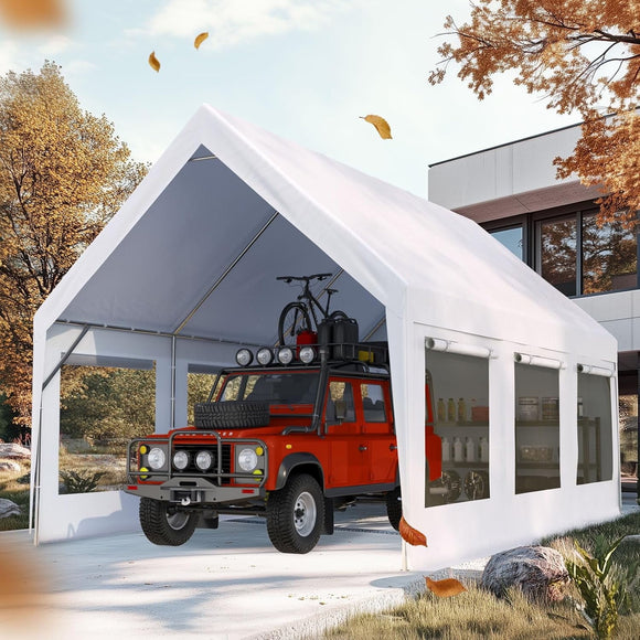 Quictent Heavy Duty 12x20 ft Carport Canopy with High Peak and Ventilation Window Sidewalls, Storage Shed for RV/Truck/Boat Outdoor Party Tent for Wedding - White