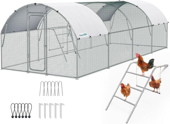 Quictent Large Metal Chicken Coop Run, 25x10FT Upgraded Outdoor Walk-in Cage Arch Hen Duck Rabbit Yard Farm House, with Reinforced Chicken Wire, Waterproof Roof Tarp, Swing Set & Roosting Ladder