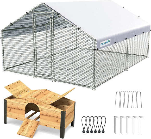 Quictent Large Metal Chicken Coop Run W/Nesting Box for 20+ Poultry with Heavy Duty Wire Mesh and Waterproof Roof Cover, Outdoor Walk-in Cage Peak Hen House for Yard Farm, 12x9x6.6FT