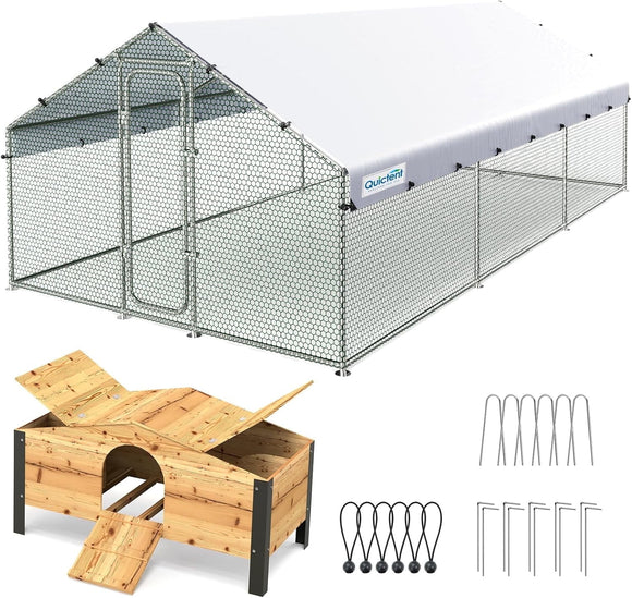 Quictent Large Metal Chicken Coop Run W/Nesting Box for 30+ Poultry with Heavy Duty Wire Mesh and Waterproof Roof Cover, Outdoor Walk-in Cage Peak Hen House for Yard Farm, 18x9x6.6FT
