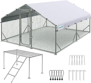 Quictent Large Metal Chicken Coop Run W/Roosting Perch for 20+ Poultry with Galvanized Hardware Cloth and Waterproof Roof Cover, Outdoor Walk-in Cage Peak Hen House for Yard Farm, 12x9x6.6FT