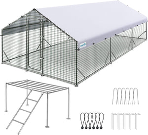 Quictent Large Metal Chicken Coop Run W/Roosting Perch for 30+ Poultry with Galvanized Hardware Cloth and Waterproof Roof Cover, Outdoor Walk-in Cage Peak Hen House for Yard Farm, 18x9x6.6FT