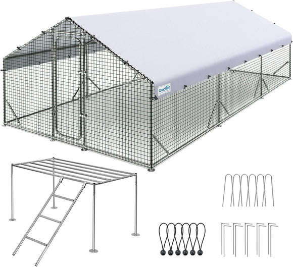 Quictent Large Metal Chicken Coop Run W/Roosting Perch for 30+ Poultry with Galvanized Hardware Cloth and Waterproof Roof Cover, Outdoor Walk-in Cage Peak Hen House for Yard Farm, 18x9x6.6FT