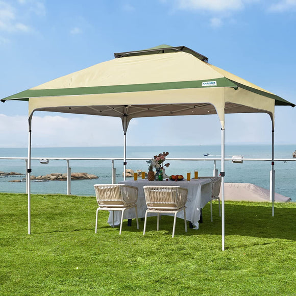 Quictent Pop up Canopy 12 x 12, One Person Set up Portable Instant Folding Shelter, Outdoor Canopy Tent with Extra Shade for Backyard, Patio, Party - Beige/Green