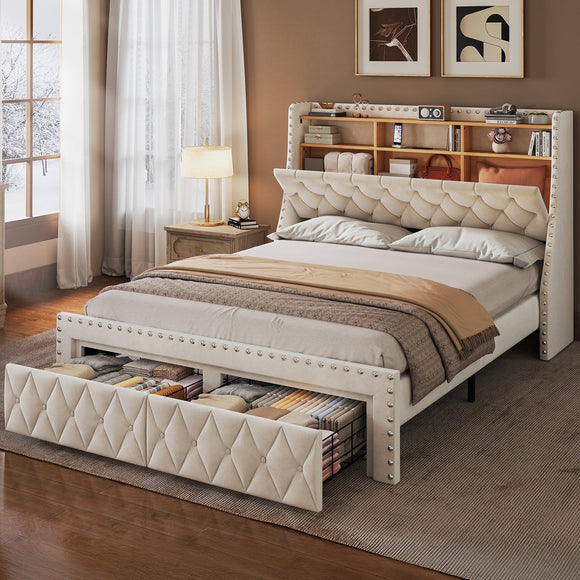 Tatago 1000 lbs Heavy Duty Queen Size Modern Metal Wood Platform Bed Frame with Storage Drawers 3-Layer Headboard Storage System, 2 Underbed Drawers, Built-in Charging Ports Beige