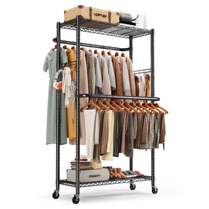 HOKEEPER Heavy Duty Double Hanging Wire Garment Rack with Shelves Clothes Rack with Clothing Hooks Rolling Wheels Black