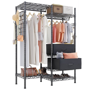 HOKEEPER 1200LBS Portable Closet Wardrobe Heavy Duty Clothes Rack, Freestanding Clothing Rack with 2 Hang Rods, 6 Shelves & 2 Drawers , Adjustable Closet Garment Rack, 46" L x 17" W x 76" H Black