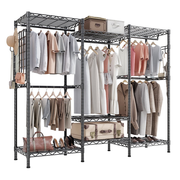 HOKEEPER 1600LBS Portable Closet Wardrobe Heavy Duty Clothes Rack, Freestanding Clothing Rack with 5 Hang Rods, 7 Shelves & Hooks , Adjustable Closet Garment Rack, 70