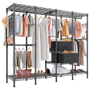 HOKEEPER 1350LBS Portable Closet Wardrobe Heavy Duty Clothes Rack, Freestanding Clothing Rack with 6 Hang Rods, 10 Shelves & 2 Drawers , Adjustable Closet Garment Rack, 76" L x 17" W x 76" H Black