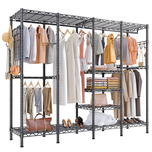 HOKEEPER 1500LBS Portable Closet Wardrobe Heavy Duty Clothes Rack, Freestanding Clothing Rack with 6 Hang Rods, 11 Shelves & Hooks , Adjustable Closet Garment Rack, 76" L x 17" W x 76" H Black