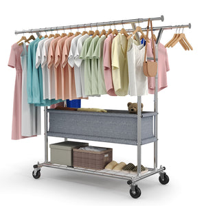 HOKEEPER 625lbs Heavy Duty Double Clothing Garment Rack with Shelves and Fabric Basket Clothing Racks on Wheels Rolling Clothes Rack for Hanging Clothes