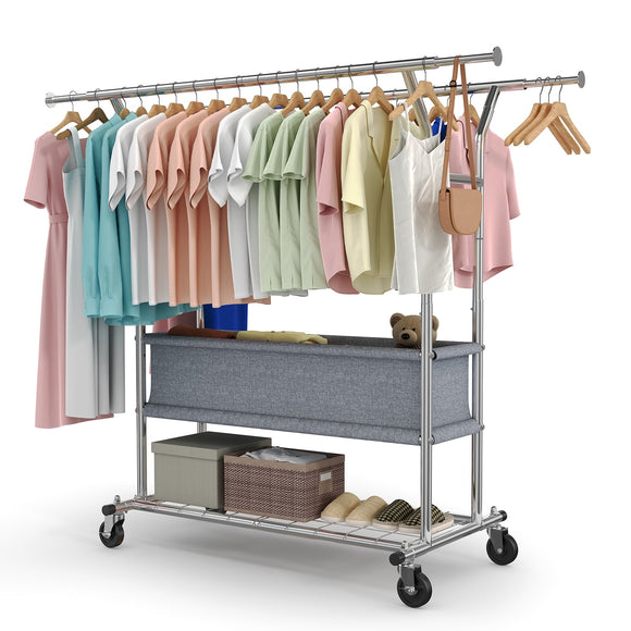 HOKEEPER 625lbs Heavy Duty Double Clothing Garment Rack with Shelves and Fabric Basket Clothing Racks on Wheels Rolling Clothes Rack for Hanging Clothes