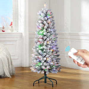 OasisCraft 4ft Christmas Tree, Multicolored Snow Flocked Christmas Tree with Remote, Artifical Tree for Holiday